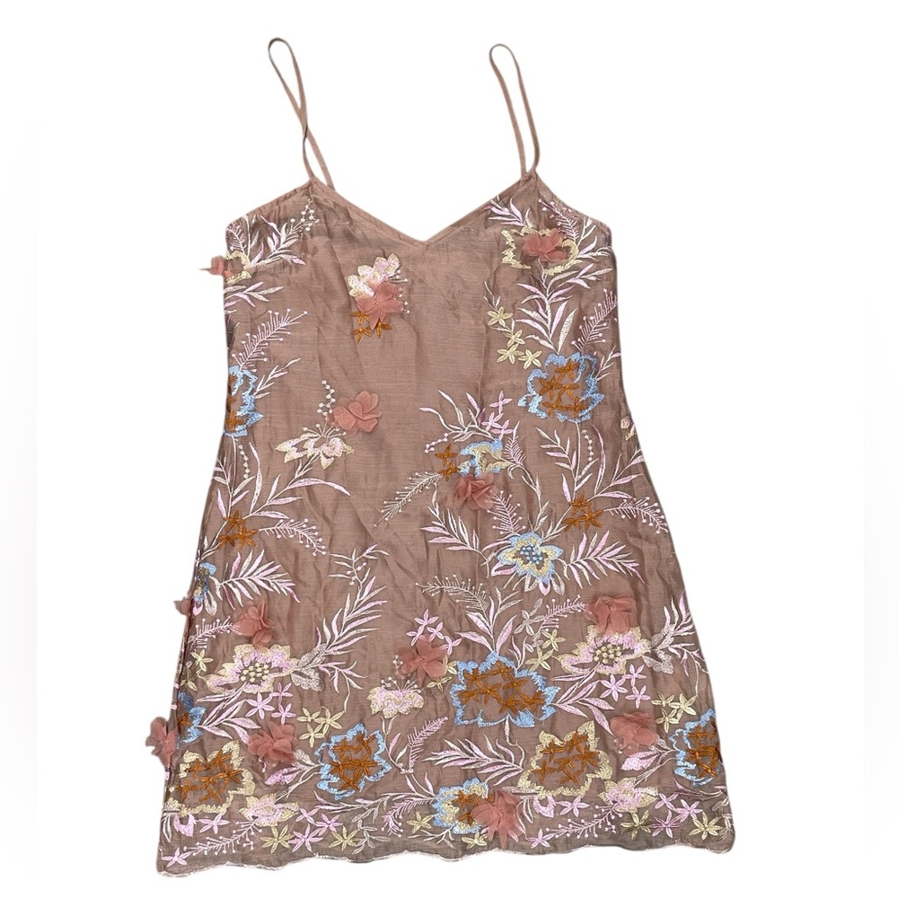 Storia Floral Embroidered Mini Dress - Brown and Multicolor